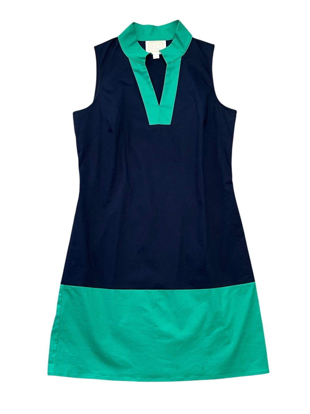 SAIL TO SABLE (STS) color block shift dress navy & Kelly green cotton EUC SMALL